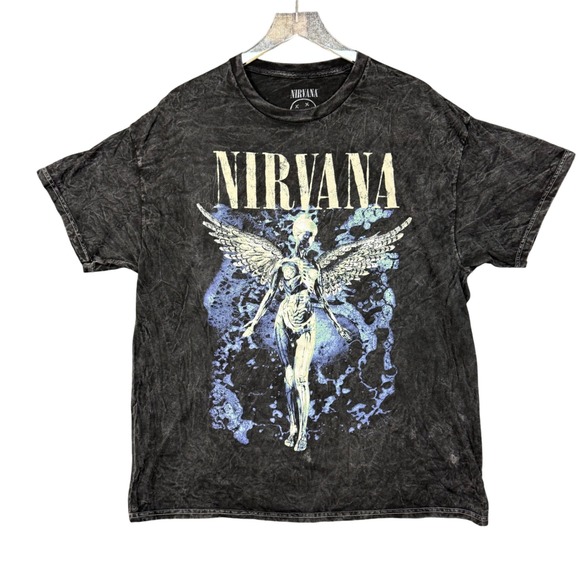 Nirvana Band Tee Mens XL‎ Grey Acid Wash Graphic T-Shirt Angel Retro 90s NWOT - Picture 1 of 7